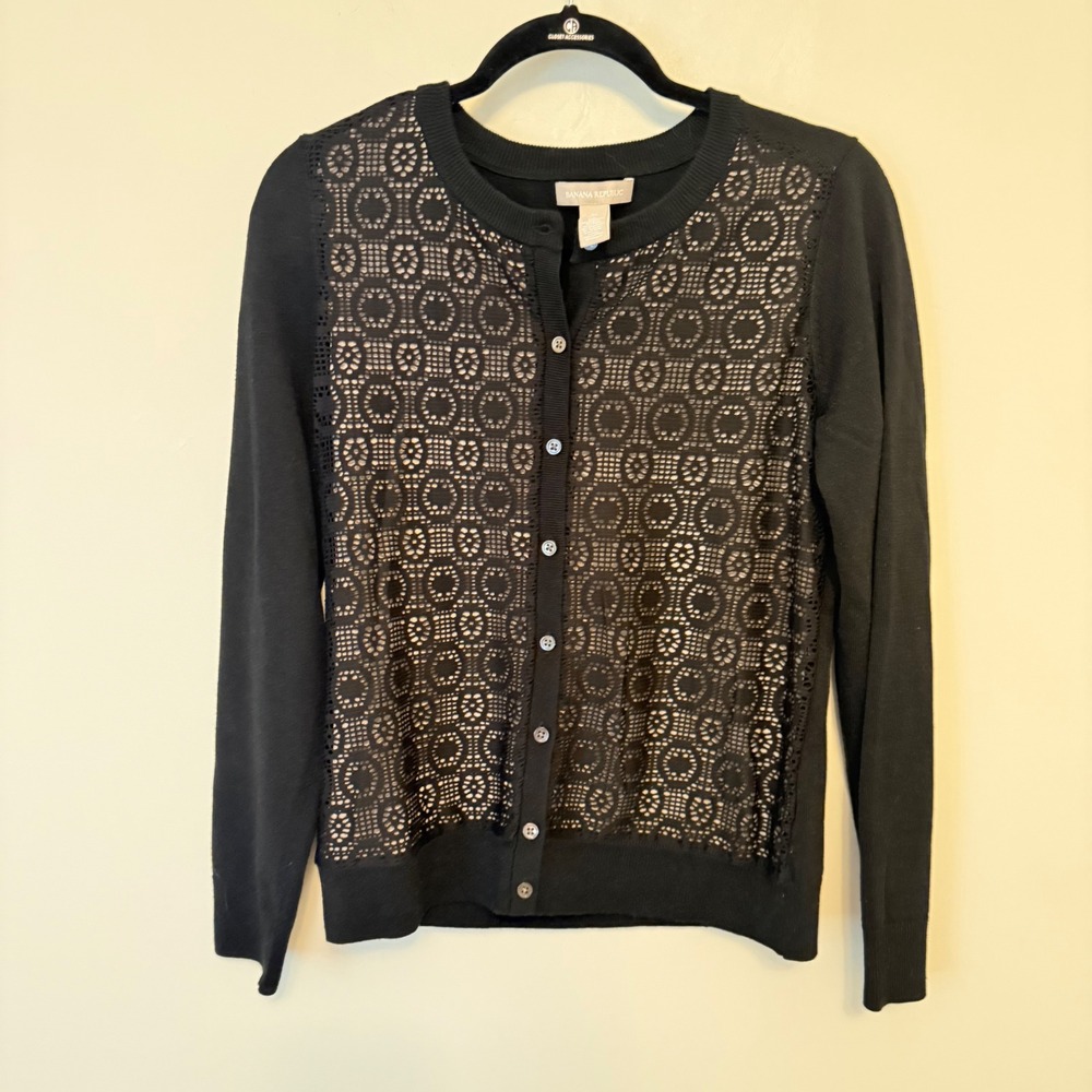 Banana Republic Black Lace Front Wool Blend Cardigan Sweater Womens Medium B231